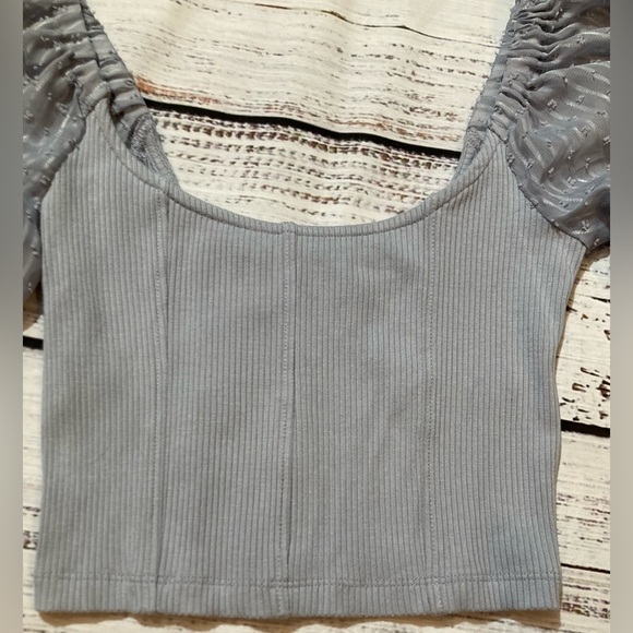 Urban Outfitters Cynthia Clip Dot Sleeve Top Sky Blue Small Puff Ruffle Sleeve - Picture 3 of 9